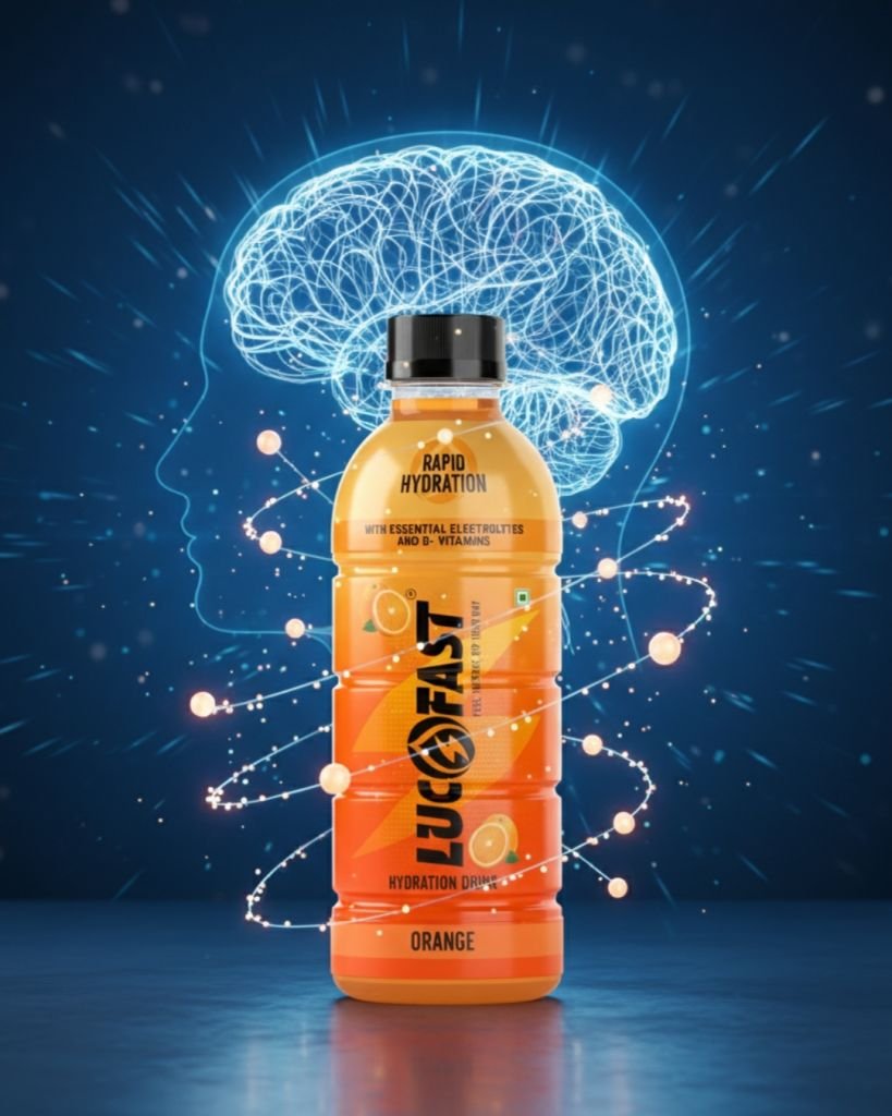 Lucofast Orange hydration drink with an electric brain outline representing electrolyte balance and vitamin C support.