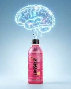 Lucofast Strawberry Lemonade hydration drink with a glowing brain illustration showing improved focus and electrolyte support.