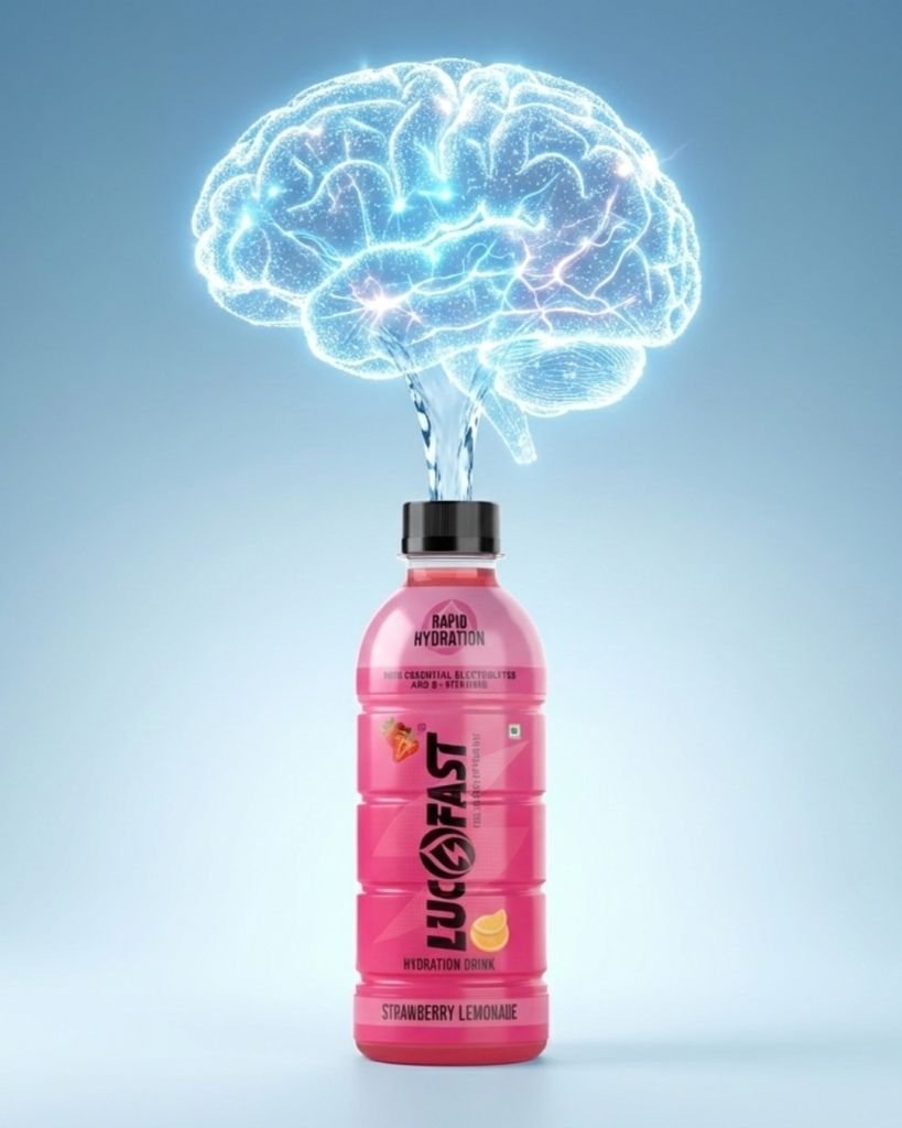 Lucofast Strawberry Lemonade hydration drink with a glowing brain illustration showing improved focus and electrolyte support.