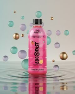 Lucofast Strawberry Lemonade hydration drink with floating spheres representing light and refreshing electrolyte hydration.