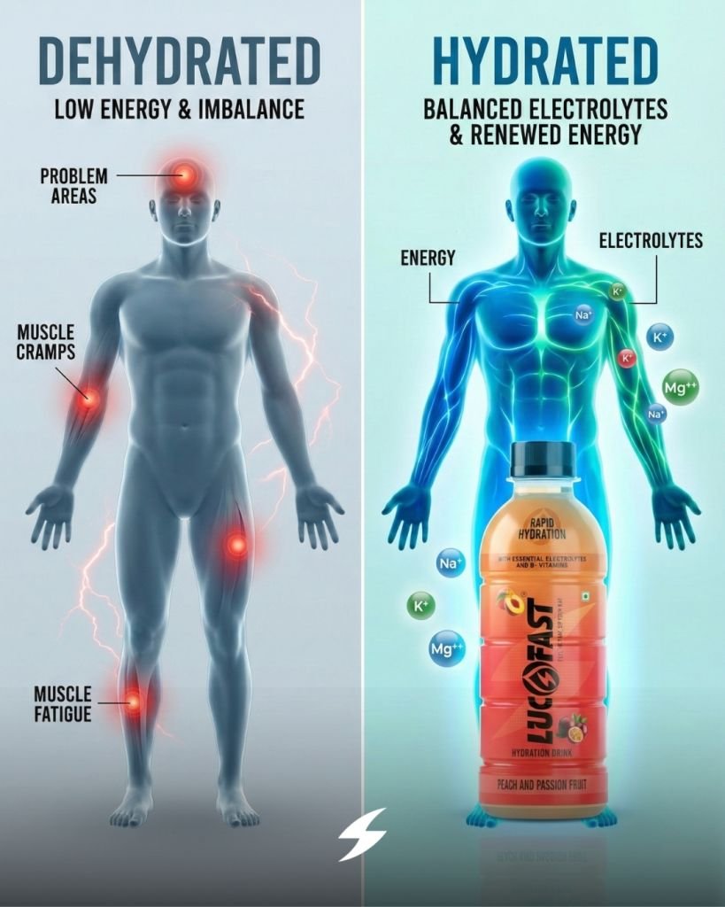 Dehydrated vs hydrated body comparison showing energy loss, muscle fatigue, electrolyte imbalance, and recovery with Lucofast hydration drink.