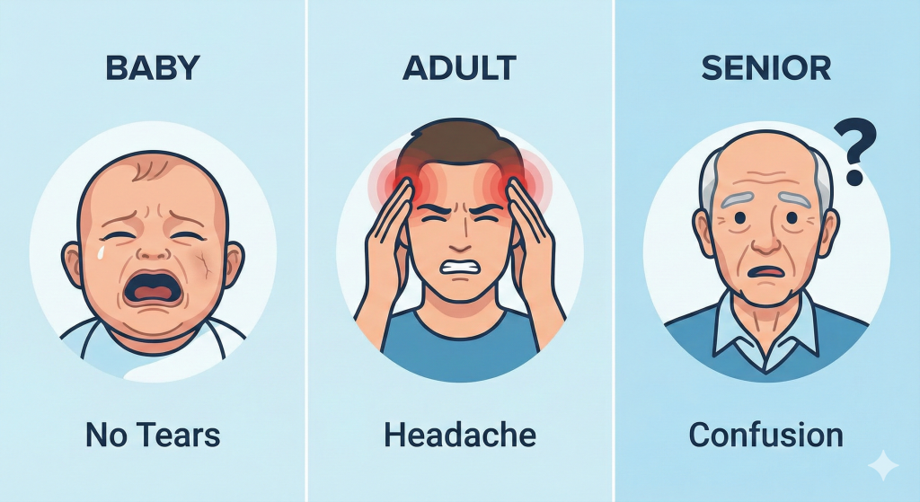 Three-part illustration comparing dehydration signs: a baby crying without tears, an adult holding their head in pain, and a senior citizen looking confused.