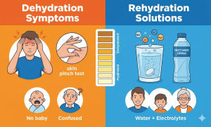 Split-panel infographic illustrating common dehydration symptoms on the left—including a skin pinch test, urine color chart, headache, and confusion—contrasted with rehydration solutions on the right, showing electrolyte drinks and water.