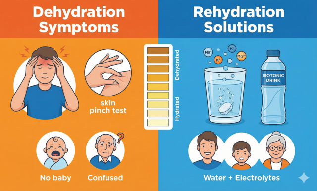 Split-panel infographic illustrating common dehydration symptoms on the left—including a skin pinch test, urine color chart, headache, and confusion—contrasted with rehydration solutions on the right, showing electrolyte drinks and water.