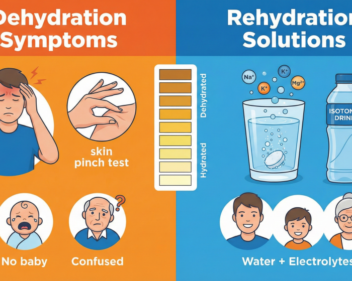Split-panel infographic illustrating common dehydration symptoms on the left—including a skin pinch test, urine color chart, headache, and confusion—contrasted with rehydration solutions on the right, showing electrolyte drinks and water.
