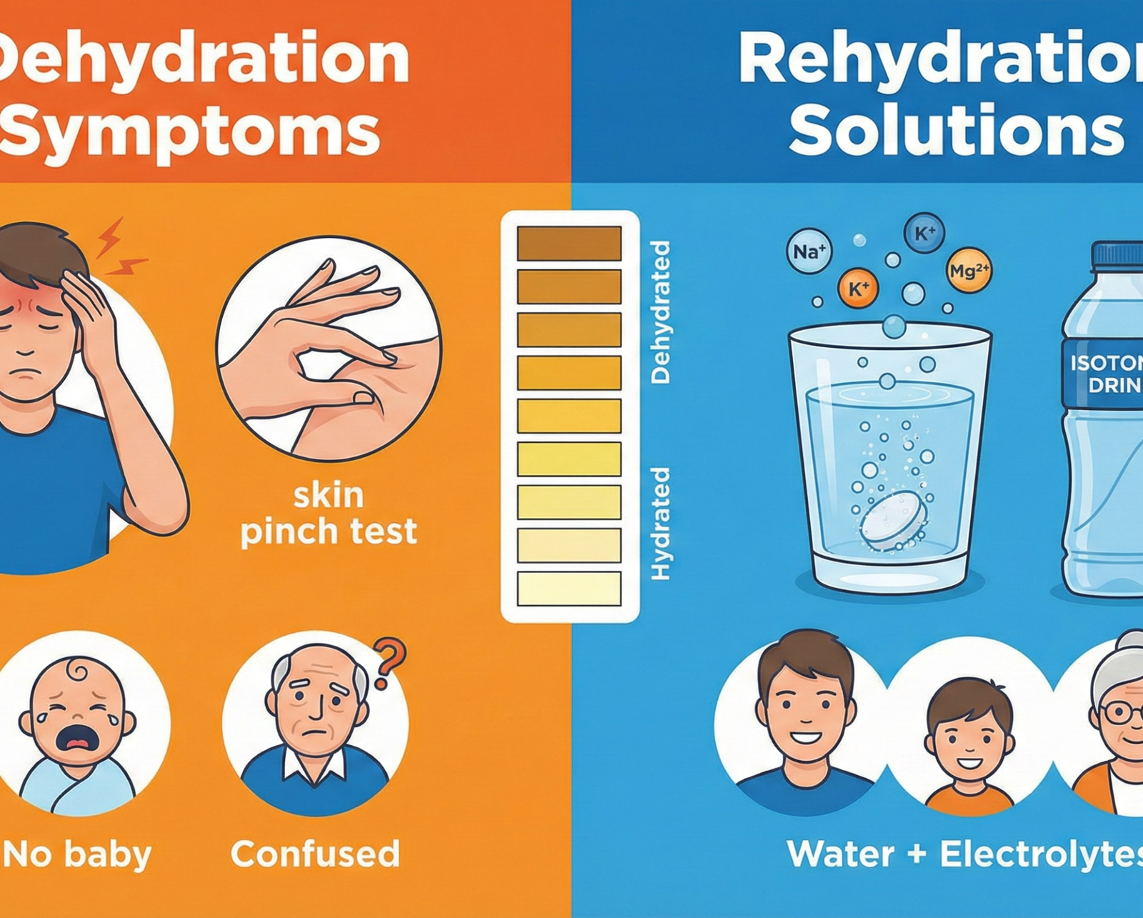 Split-panel infographic illustrating common dehydration symptoms on the left—including a skin pinch test, urine color chart, headache, and confusion—contrasted with rehydration solutions on the right, showing electrolyte drinks and water.