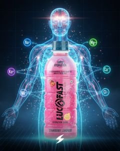 Lucofast hydration drink with electrolytes flowing into a human body illustration showing sodium, potassium, magnesium, calcium and chloride balance.