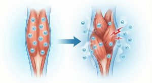 Biological diagram showing a muscle fiber in spasm (cramp) alongside sweat glands releasing Sodium (Na+) and Potassium (K+) ions.