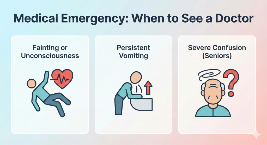 Illustration of a doctor standing next to emergency warning icons (fainting and vomiting), indicating when to seek medical help for severe dehydration.