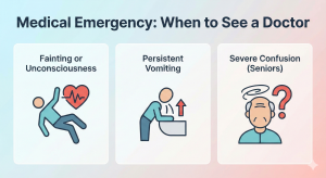 Illustration of a doctor standing next to emergency warning icons (fainting and vomiting), indicating when to seek medical help for severe dehydration.