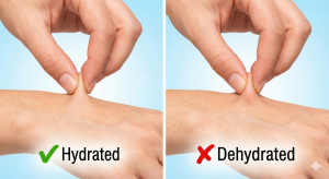 Illustration of the skin turgor test showing a hand pinching skin on the back of a wrist; one side shows skin snapping back (hydrated), the other shows skin "tenting" (dehydrated).