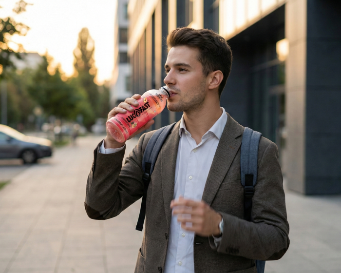 Fastest drink to rehydrate your body shown through Lucofast electrolyte hydration drink in a real life professional setting