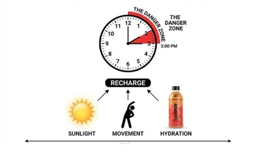 Infographic of a clock highlighting the 2 PM to 3 PM afternoon slump danger zone and solutions like hydration.
