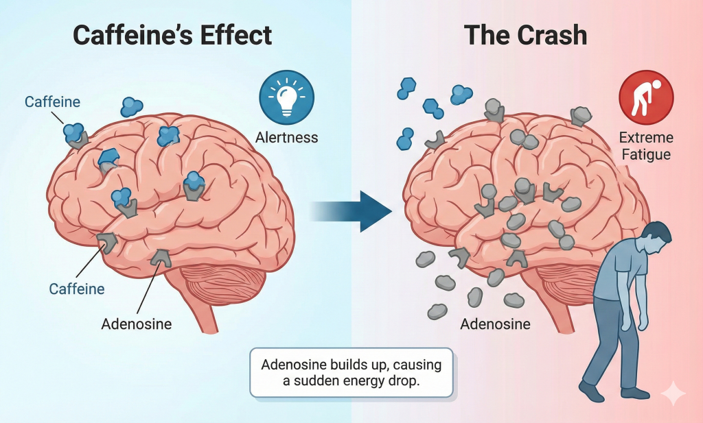 Medical diagram illustrating how caffeine blocks adenosine receptors in the brain to create temporary alertness, followed by a crash when the adenosine floods back in.