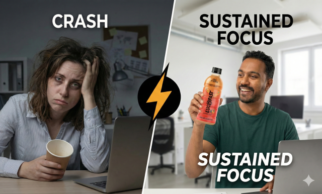 Comparison of caffeinated energy crash versus sustained focus from Lucofast hydration.
