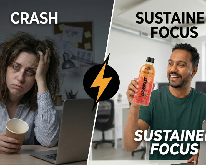 Comparison of caffeinated energy crash versus sustained focus from Lucofast hydration.
