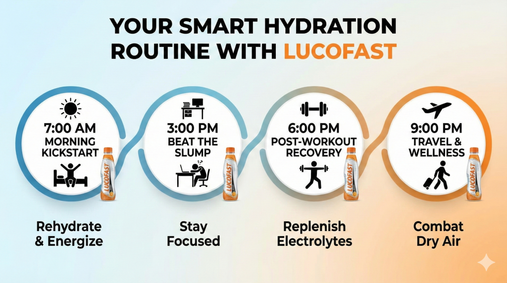 Best times to drink electrolytes: Morning, Work, Workout, and Travel.
