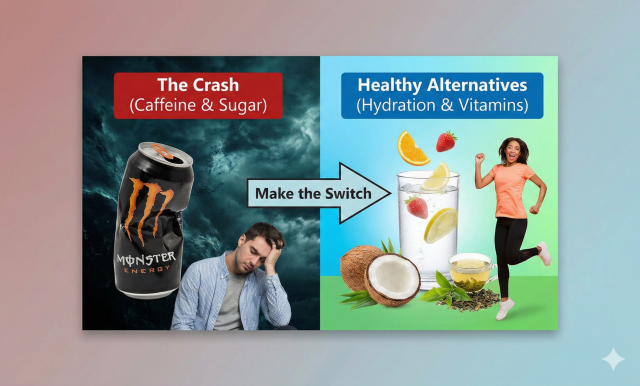 Split-screen image showing a crushed energy drink can with a tired person on one side, and healthy alternatives like a fruit-infused electrolyte drink, coconut, and green tea with an energetic person on the other.