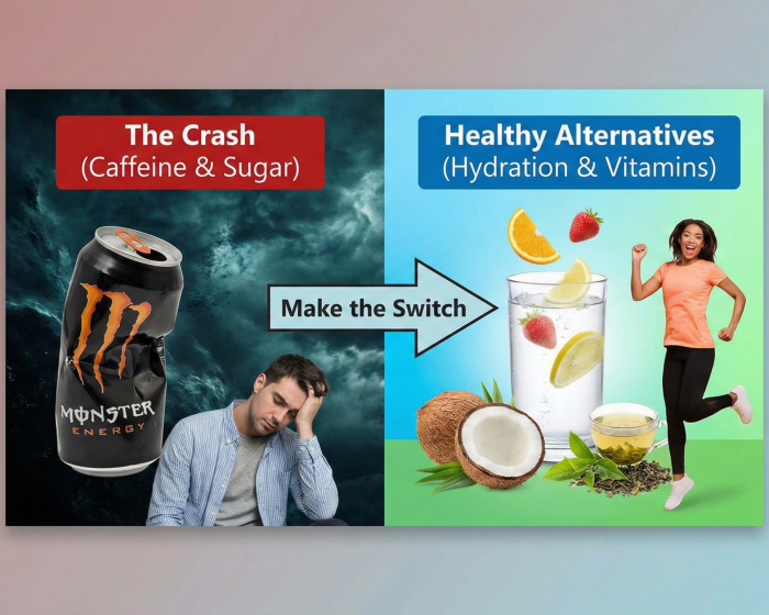 Split-screen image showing a crushed energy drink can with a tired person on one side, and healthy alternatives like a fruit-infused electrolyte drink, coconut, and green tea with an energetic person on the other.