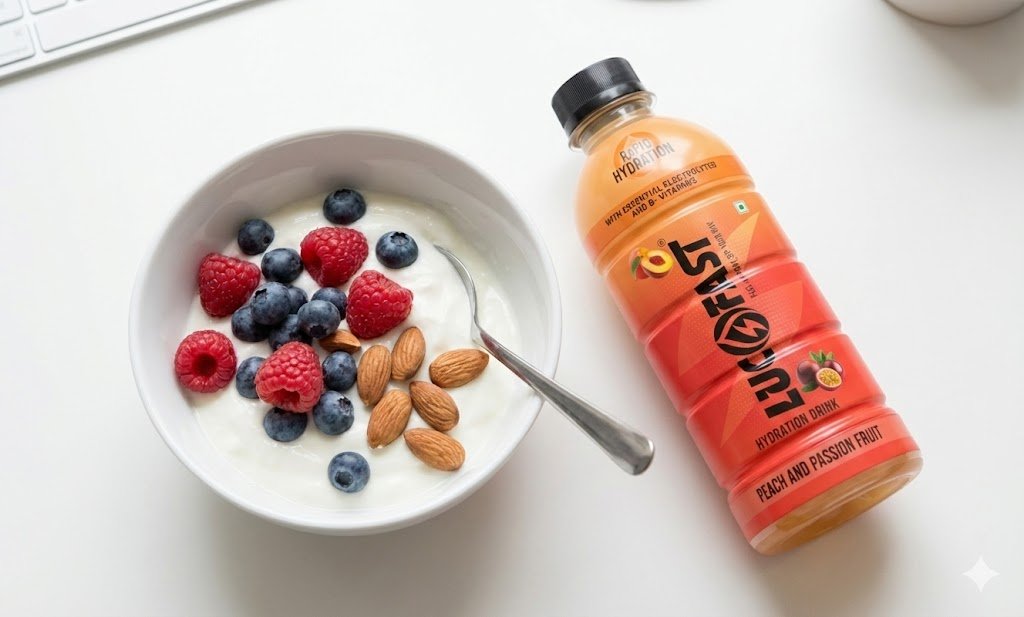 A bowl of Greek yogurt with berries and nuts paired with a glass of Lucofast Peach & Passion Fruit.