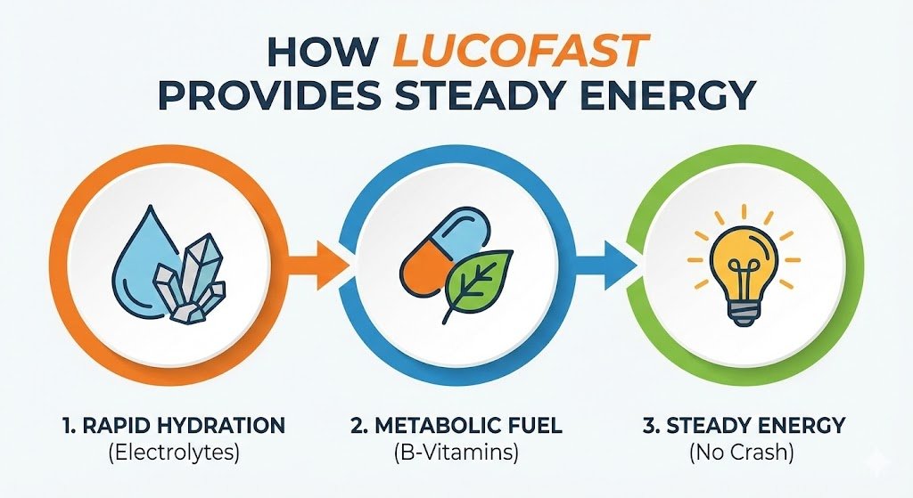 3-step infographic explaining how hydration and B-vitamins provide steady energy.