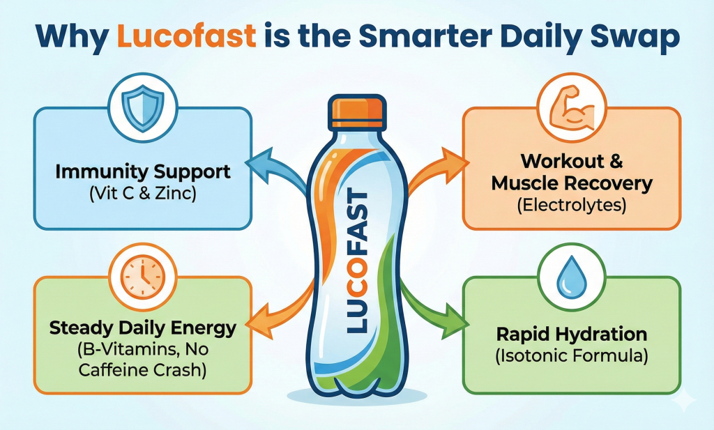 Infographic highlighting the benefits of Lucofast electrolyte drink: immunity support (vitamin C & zinc), muscle recovery, steady energy (B-vitamins), and rapid hydration.