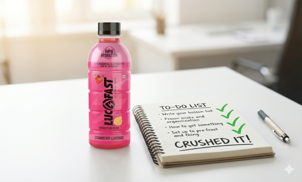 Lucofast Strawberry Lemonade bottle on an office desk next to a completed to-do list.