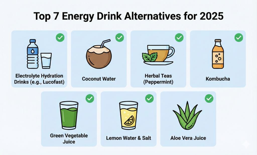 Infographic listing seven healthy energy drink alternatives with icons: electrolyte hydration drinks, coconut water, herbal tea, kombucha, green juice, lemon water, and aloe vera juice.