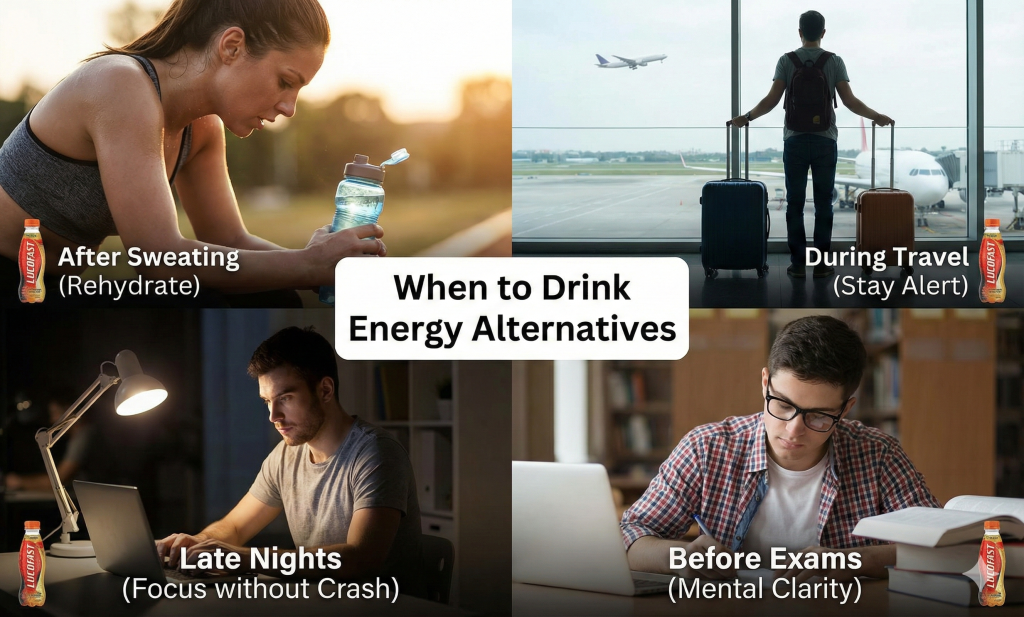 Four-panel lifestyle collage showing people drinking energy alternatives after sweating at the gym, during travel at an airport, working late at night, and studying before exams.