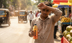 Indian man wiping sweat during a hot summer day, representing the need for the best electrolyte drink India offers.