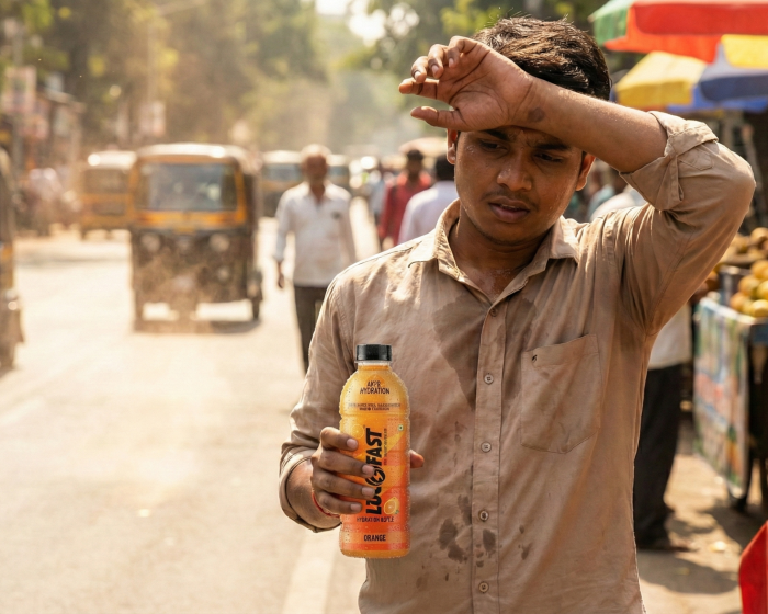 Indian man wiping sweat during a hot summer day, representing the need for the best electrolyte drink India offers.