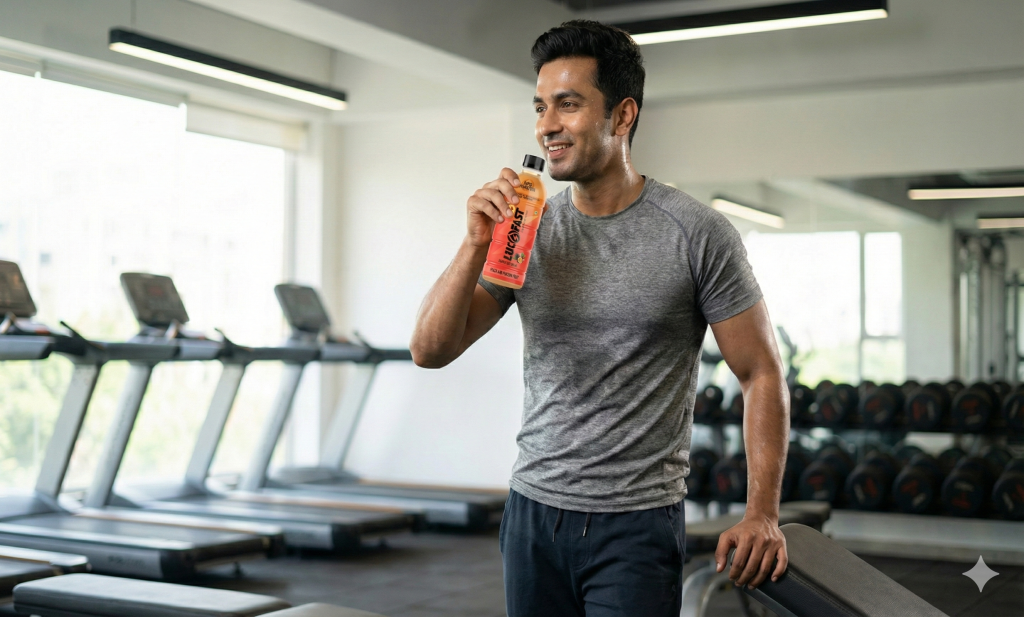 Fit Indian man drinking Lucofast in the gym, choosing the best electrolyte drink India for muscle recovery.