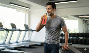 Fit Indian man drinking Lucofast in the gym, choosing the best electrolyte drink India for muscle recovery.