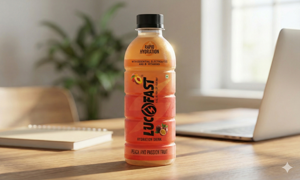 A bottle of Lucofast on a sunny desk, helping relieve mental symptoms of dehydration like brain fog.