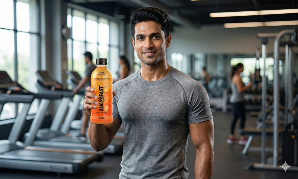 Fit Indian man holding a Lucofast electrolyte drink in the gym, representing healthy fitness hydration.