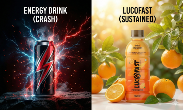 Split screen comparison of electrolyte drinks vs energy drinks showing crash vs sustained energy.