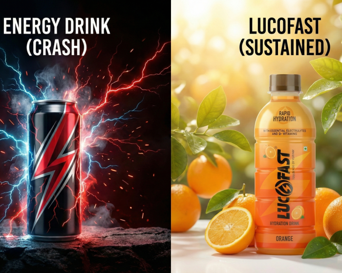 Split screen comparison of electrolyte drinks vs energy drinks showing crash vs sustained energy.