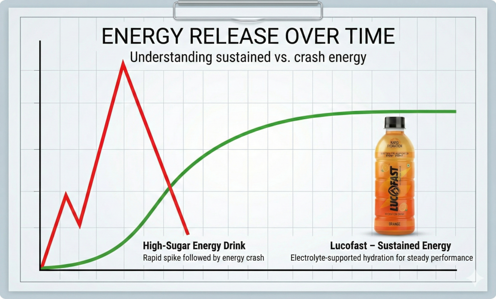 Line graph showing the rapid spike and crash of energy drinks versus the steady, sustained energy release of Lucofast electrolyte drinks.