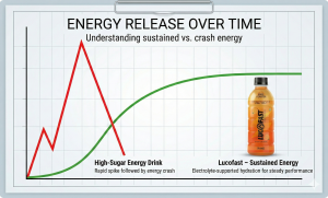 Timeline graph showing the energy crash of electrolyte drinks vs energy drinks