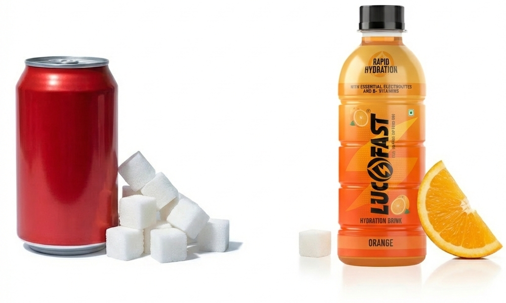 Visual comparison showing high sugar in sodas versus Lucofast, the best electrolyte drink India for low-sugar hydration.