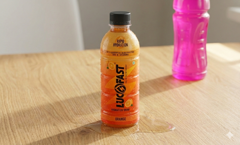 Lucofast bottle on a table with condensation, the perfect daily electrolyte drink India for office focus.