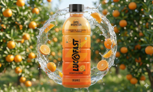Refreshing water splash and fresh oranges surrounding a bottle of Lucofast Orange electrolyte drink.