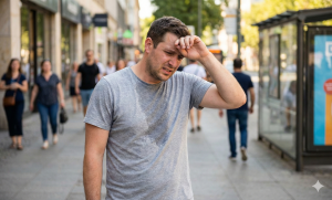 Man experiencing symptoms of dehydration like sweating and dizziness, which can be mistaken for a panic attack.