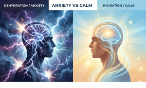 Split screen showing the jittery, panic-like symptoms of dehydration (left) versus the calm focus of proper hydration (right).