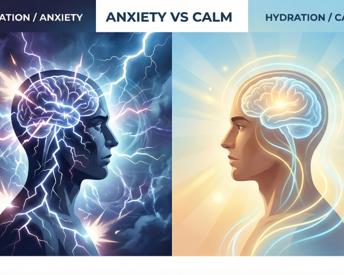 Split screen showing the jittery, panic-like symptoms of dehydration (left) versus the calm focus of proper hydration (right).