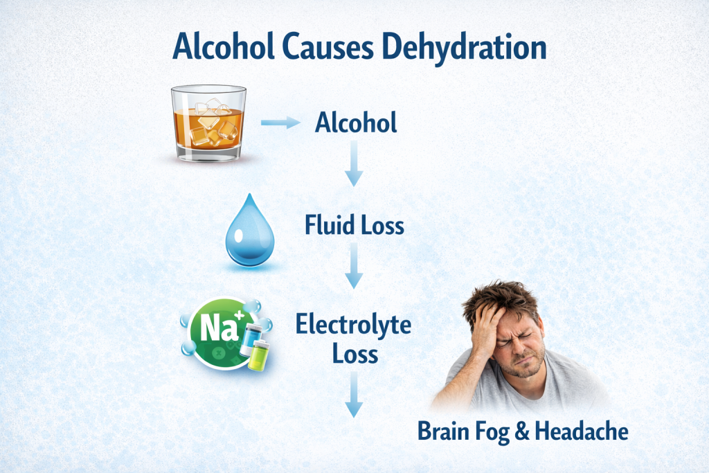 Infographic showing how alcohol causes dehydration and electrolyte loss leading to hangover symptoms