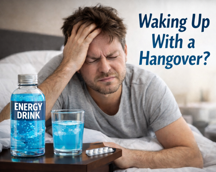 Man waking up with headache and dehydration showing need for electrolytes for hangover recovery