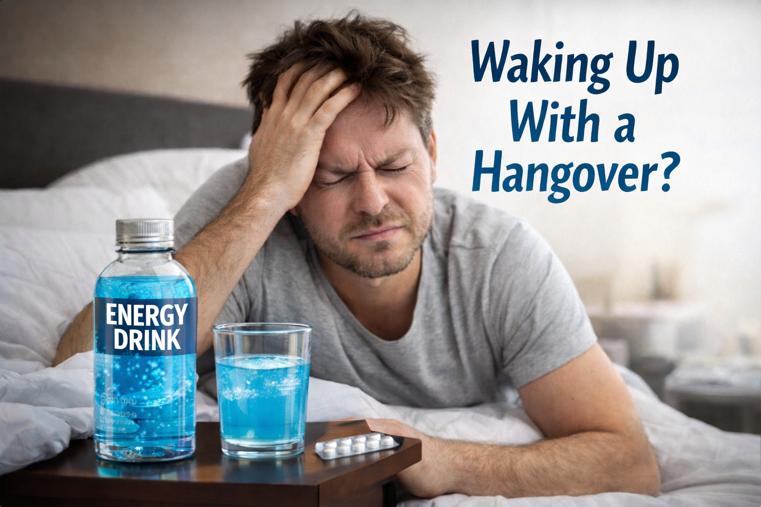 Man waking up with headache and dehydration showing need for electrolytes for hangover recovery