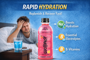 Lucofast hydration drink providing electrolytes for hangover recovery and rapid hydration