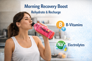 Woman drinking hydration drink with electrolytes for hangover recovery in the morning
